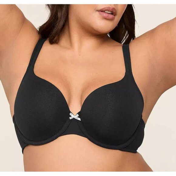 NEW Cacique‎ 44C Black Cotton Lightly Lined T-Shirt Bra Straps Underwire Bow - Picture 1 of 14
